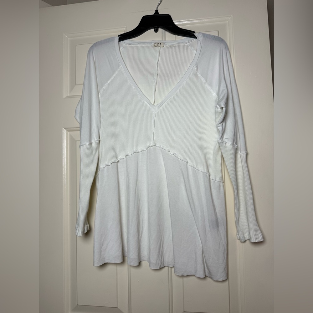 POL Light Wash White Rib Textured Long Sleeve Top Blouse